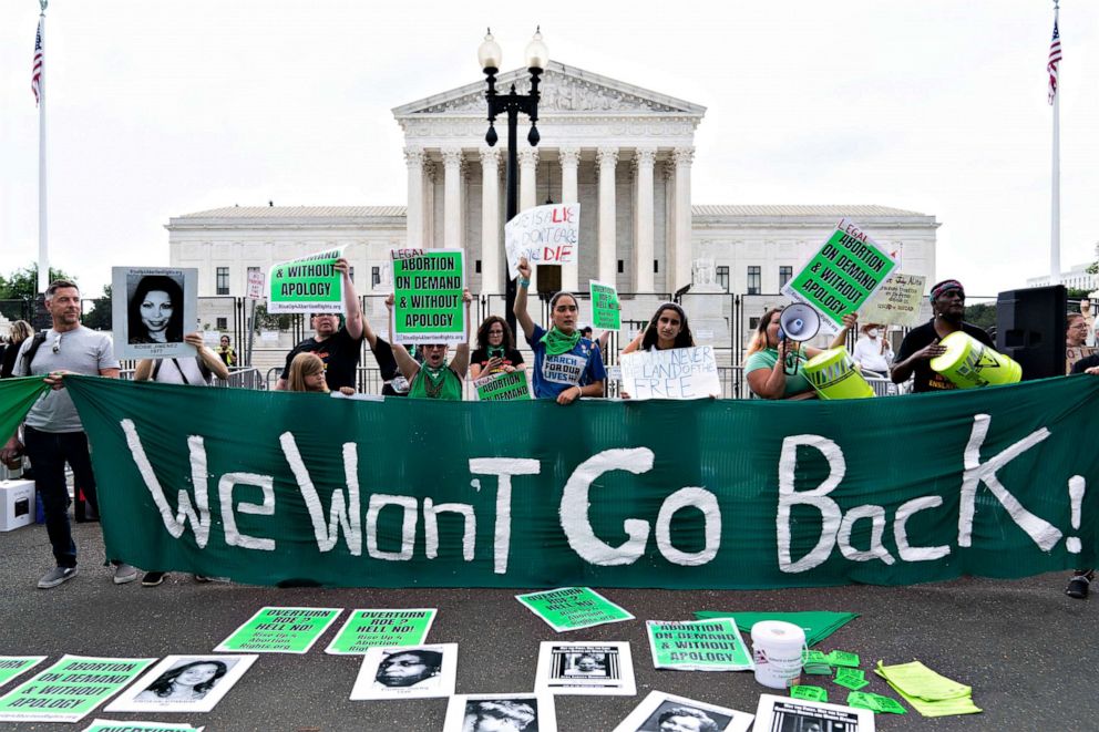 PHOTO: Abortion right activists gather outside the Supreme Court in Washington, June 24, 2022. The Supreme Court has ended constitutional protections for abortion that had been in place nearly 50 years.