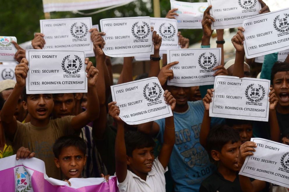 PHOTO: Rohingya community demonstrate before the visit of UN Secretary-General Antonio Guterres at the Kutupalong refugee camp for the Rohingya community in Bangladesh's southeastern border district of Cox's Bazar, July 2, 2018.