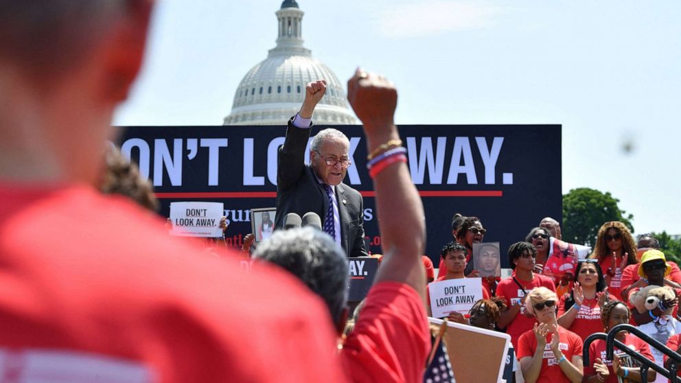 PHOTO: Senate Majority Leader Chuck Schumer speaks to activists protesting gun violence and demanding action from lawmakers in Washington, on June 8, 2022.