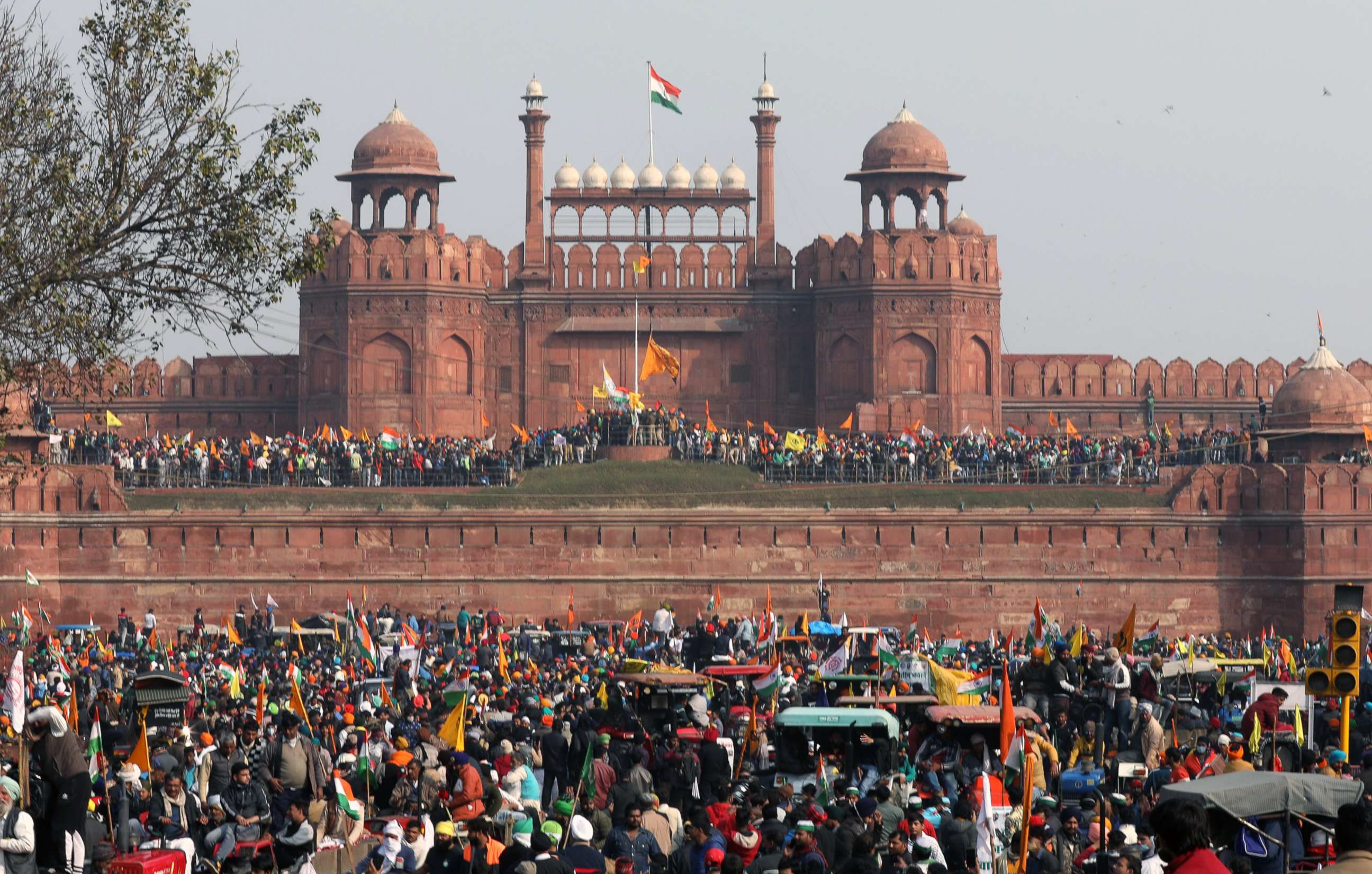 PHOTO: Indian Farmers gather at the Red Fort amid their ongoing protest against the new agriculture laws in New Delhi, Jan. 26, 2021.