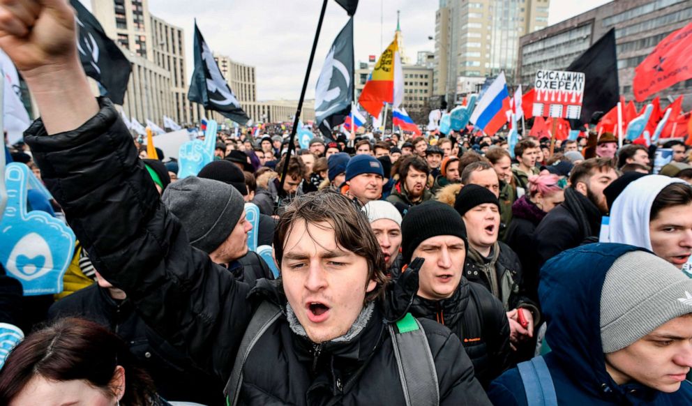 PHOTO: People attend an opposition rally in central Moscow on March 10, 2019, to demand internet freedom in Russia.