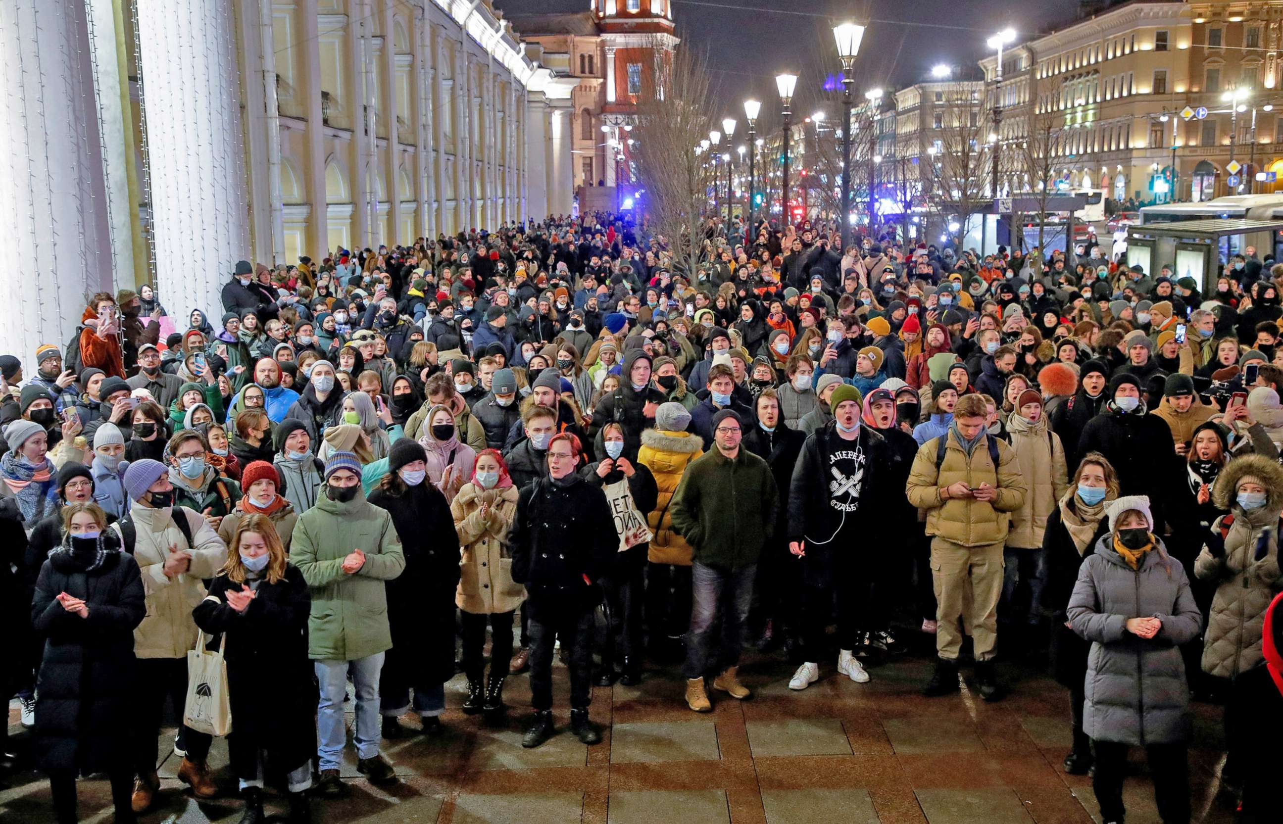 PHOTO: People attend an anti-war protest, after Russian President Vladimir Putin authorized a military operation in Ukraine, in Saint Petersburg, Russia, Feb. 24, 2022. 
