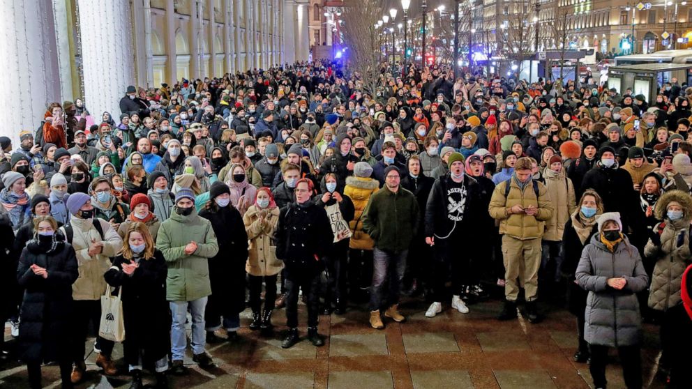 PHOTO: People attend an anti-war protest, after Russian President Vladimir Putin authorized a military operation in Ukraine, in Saint Petersburg, Russia, Feb. 24, 2022. 