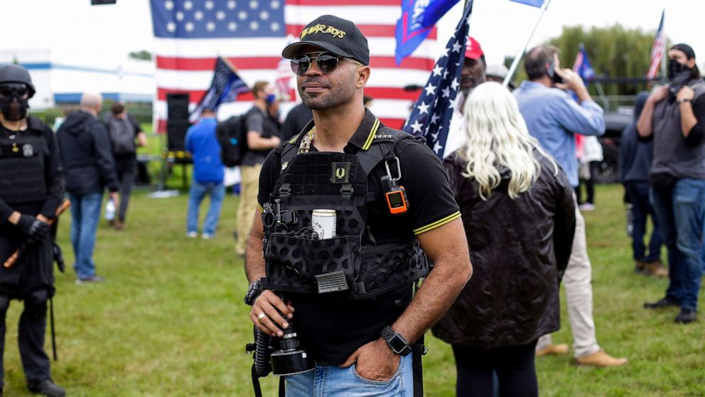 PHOTO: Proud Boys President Enrique Tarrio poses for a portrait at Delta Park during a rally in Portland, Oregon, September 26, 2020.