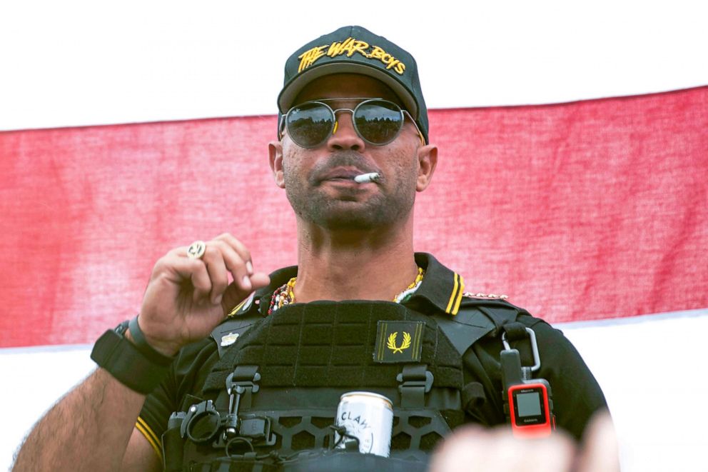 PHOTO: Proud Boys leader Henry "Enrique" Tarrio wears a hat that says The War Boys during a rally in Portland, Ore., Sept. 26, 2020.)