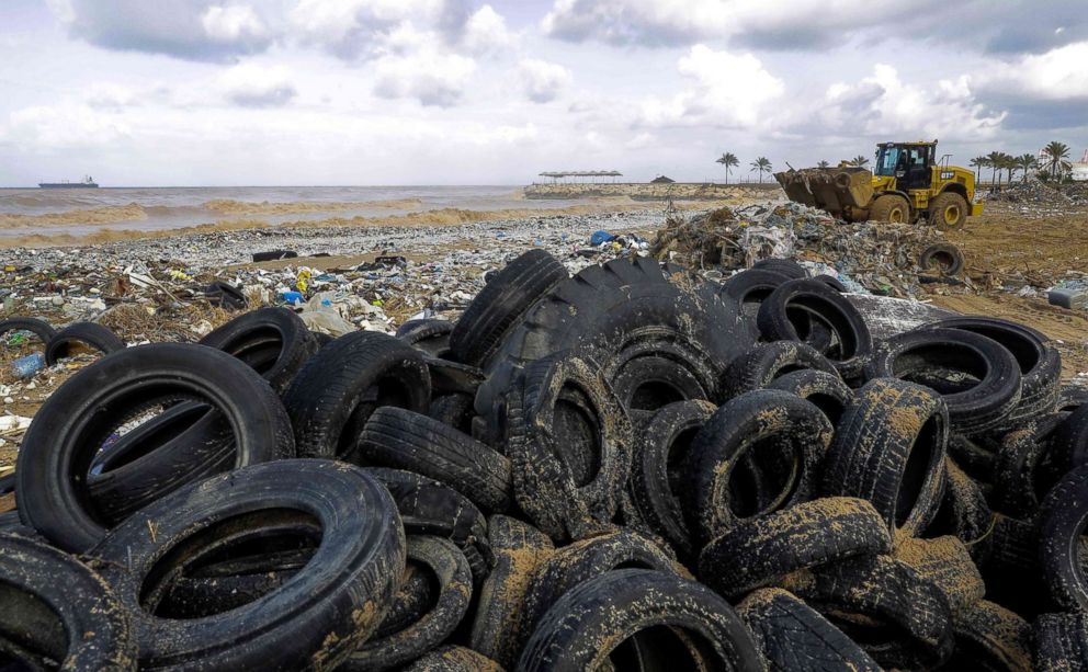 PHOTO: Tires are piled on the shore of the beach of Zouk Mosbeh after garbage and waste was washed ashore by stormy weather, Jan. 23, 2018 in Lebanon.