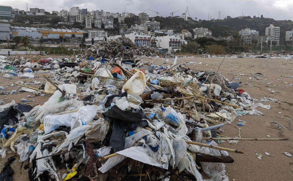 PHOTO: The beach at Zouk Mosbeh in Lebanon is covered with garbage and waste that washed ashore after stormy weather on Jan. 23, 2018.
