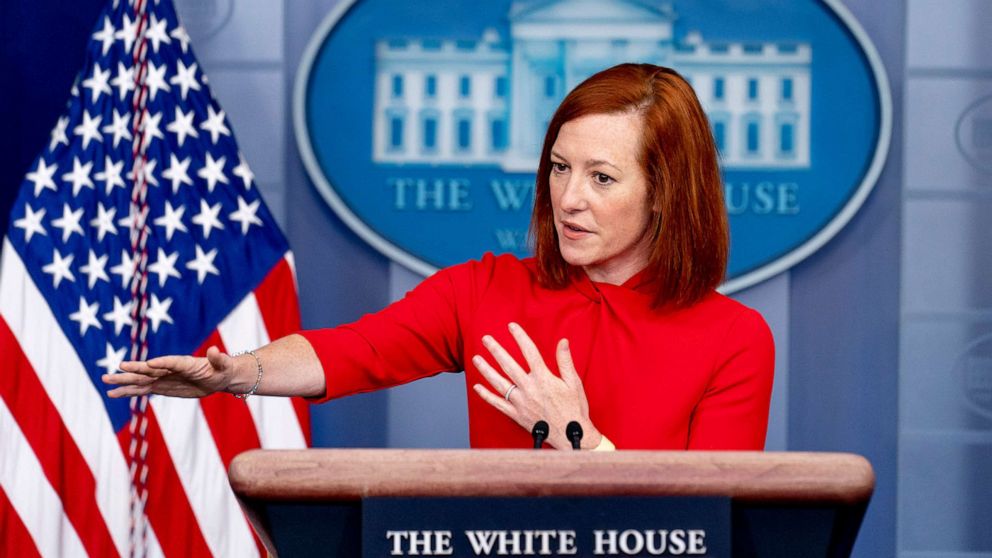 PHOTO: White House press secretary Jen Psaki speaks during a press briefing at the White House, March 18, 2021, in Washington.