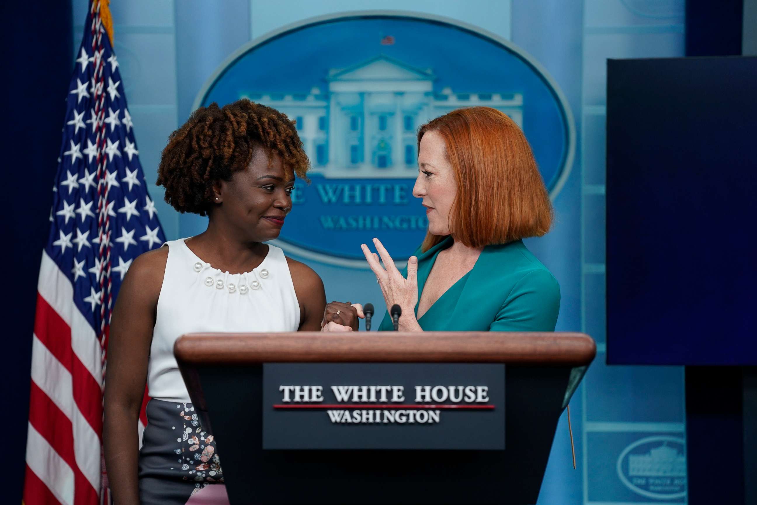 PHOTO: White House press secretary Jen Psaki introduces incoming press secretary Karine Jean-Pierre during a press briefing at the White House, May 5, 2022, in Washington.