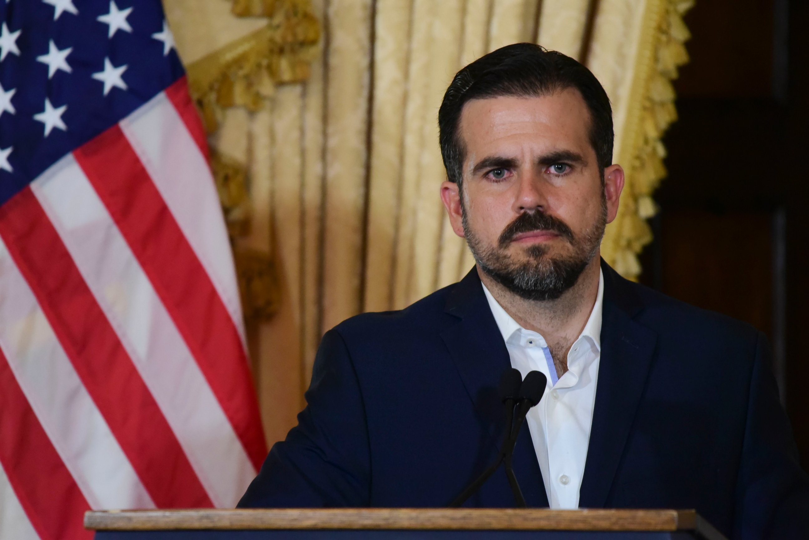 PHOTO: Puerto Rico governor Ricardo Rossello holds a press conference, almost two days after federal authorities arrested the island's former secretary of education and five other people on charges.