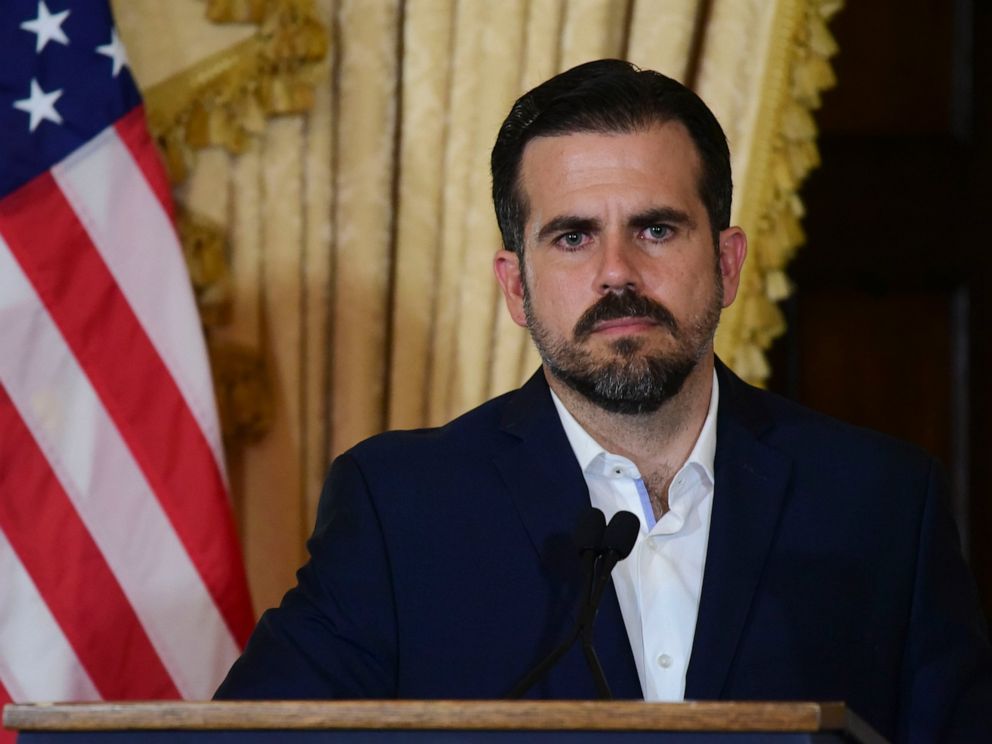 PHOTO: Puerto Rico governor Ricardo Rossello holds a press conference, almost two days after federal authorities arrested the islands former secretary of education and five other people on charges.