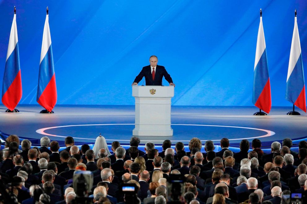 PHOTO: Russian President Vladimir Putin addresses the Federal Assembly at the Manezh exhibition hall in downtown Moscow on Jan. 15, 2020.