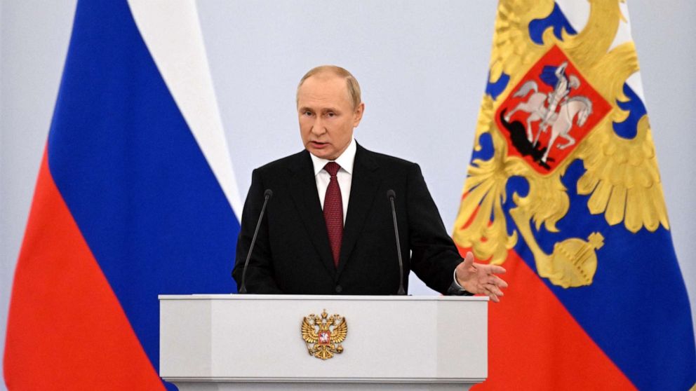 PHOTO: Russian President Vladimir Putin gives a speech during a ceremony formally annexing four regions of Ukraine Russian troops occupy, at the Kremlin in Moscow on September 30, 2022. 