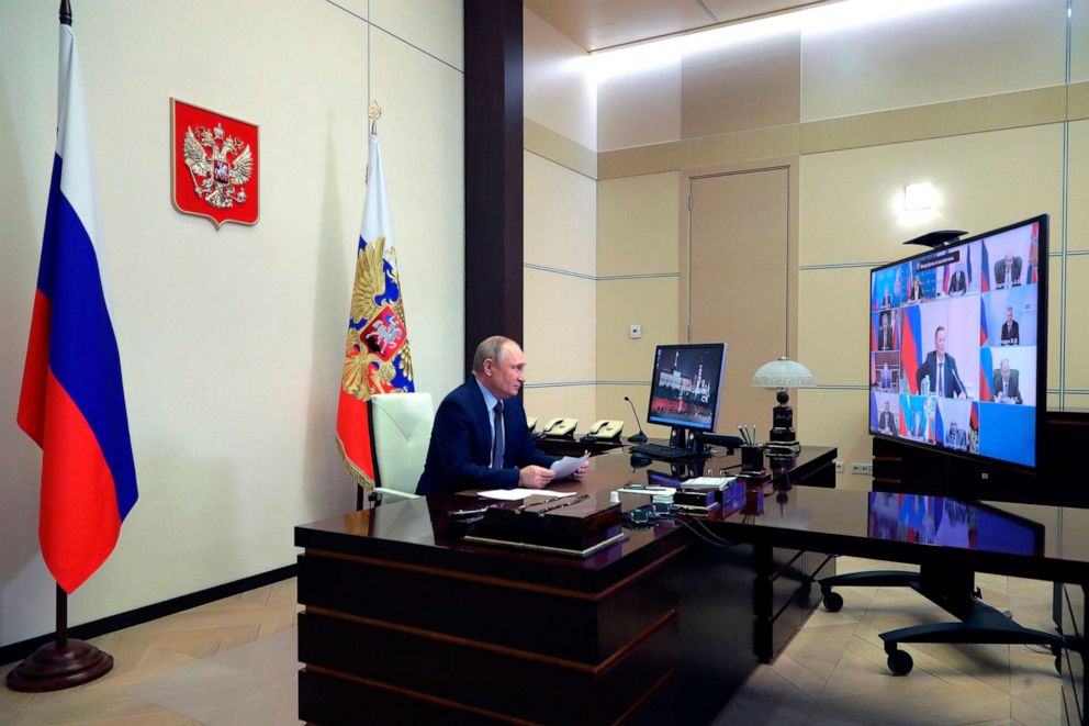 PHOTO: Russian President Vladimir Putin chairs a Security Council meeting via videoconference at the Novo-Ogaryovo residence outside Moscow, on April 15, 2022.
