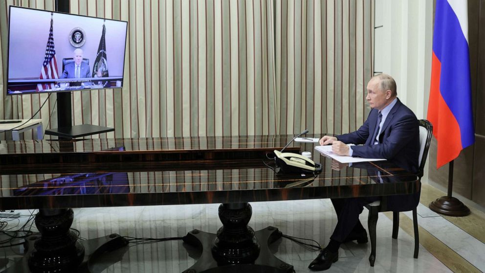 PHOTO: Russian President Vladimir Putin holds talks with President Joe Biden via a video link in Sochi, Russia, Dec. 7, 2021.