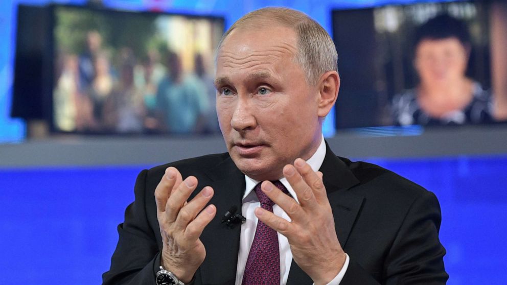 Russian President Vladimir Putin speaks during an annual nationwide televised phone-in show in Moscow, June 20, 2019.