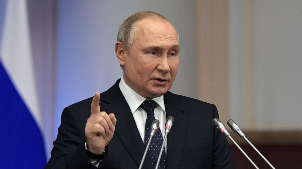 PHOTO: Russian President Vladimir Putin gives a speech at a meeting of advisory council of the Russian parliament in Saint Petersburg, Russia, April 27, 2022.