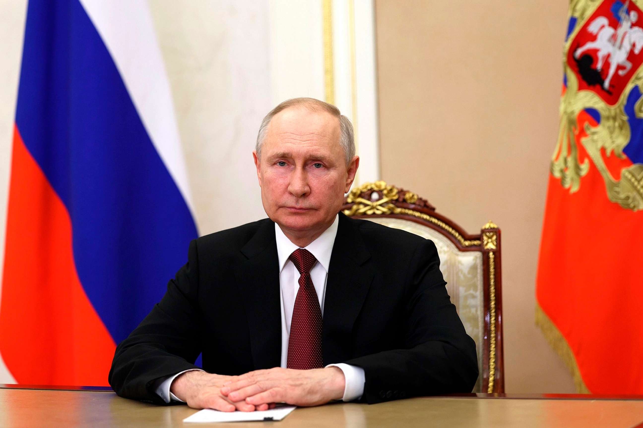 PHOTO: In this handout photo released by Russian Presidential Press Service on Monday, June 26, 2023, Russian President Vladimir Putin sits for a video address in Moscow, Russia.