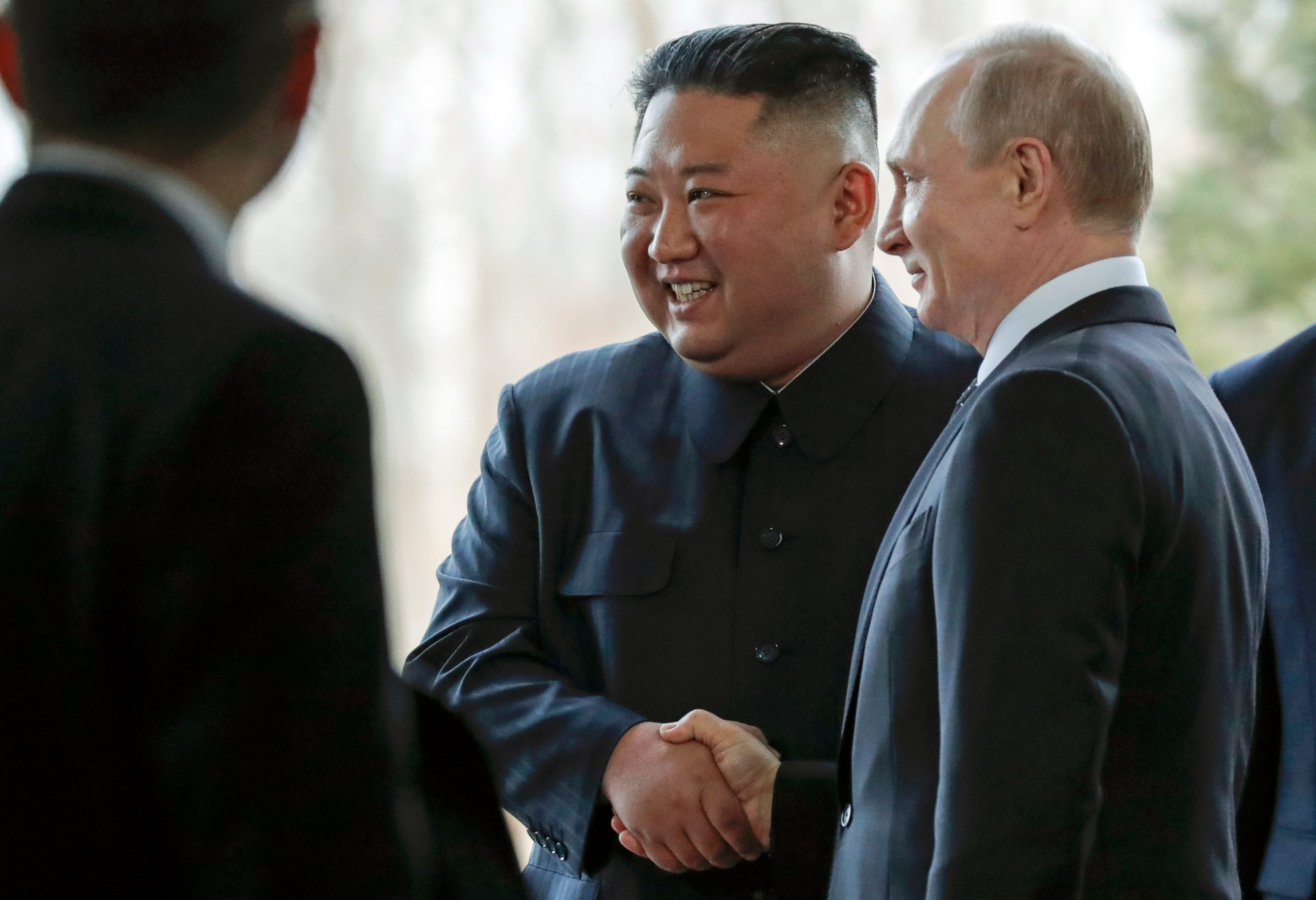 PHOTO: Russian President Vladimir Putin, right, and North Korea's leader Kim Jong Un shake hands during their meeting in Vladivostok, Russia, Thursday, April 25, 2019.