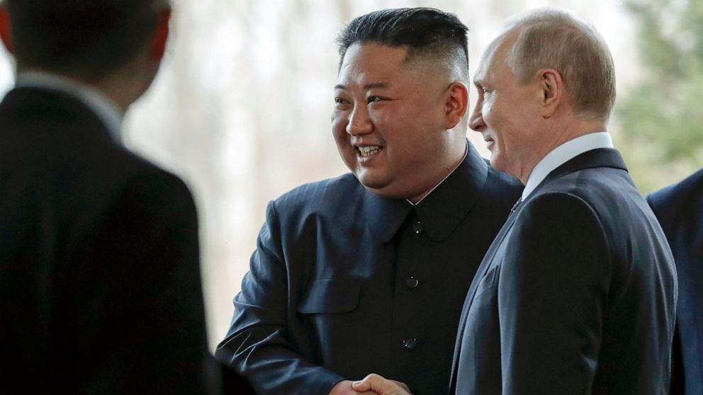 PHOTO: Russian President Vladimir Putin, right, and North Korea's leader Kim Jong Un shake hands during their meeting in Vladivostok, Russia, Thursday, April 25, 2019.