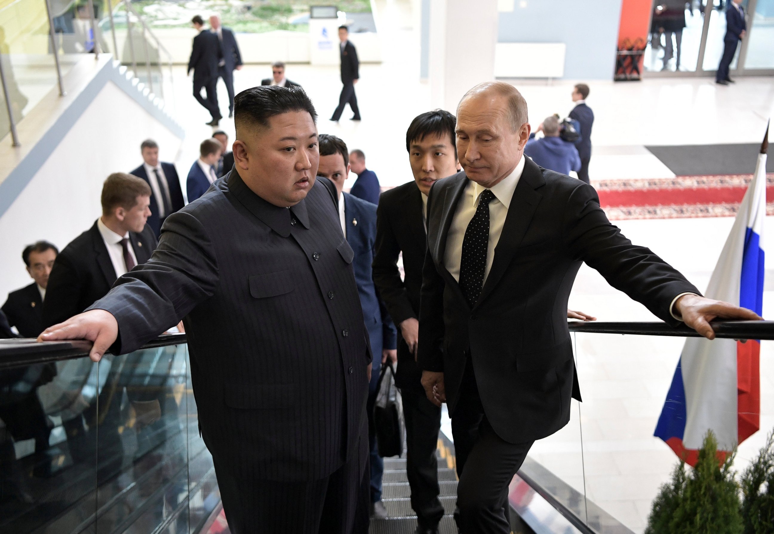 PHOTO: Russian President Vladimir Putin, right, and North Korea's leader Kim Jong Un take an escalator heading to the talks in Vladivostok, Russia, Thursday, April 25, 2019.