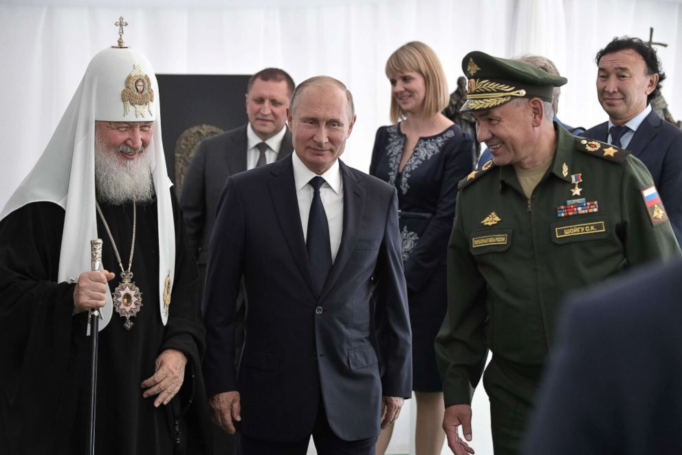 PHOTO: Russian President Vladimir Putin attends an event with Patriarch of Moscow and All Russia Kirill at the military Patriot Park in Kubinka, outside Moscow, on Sept. 19, 2018.