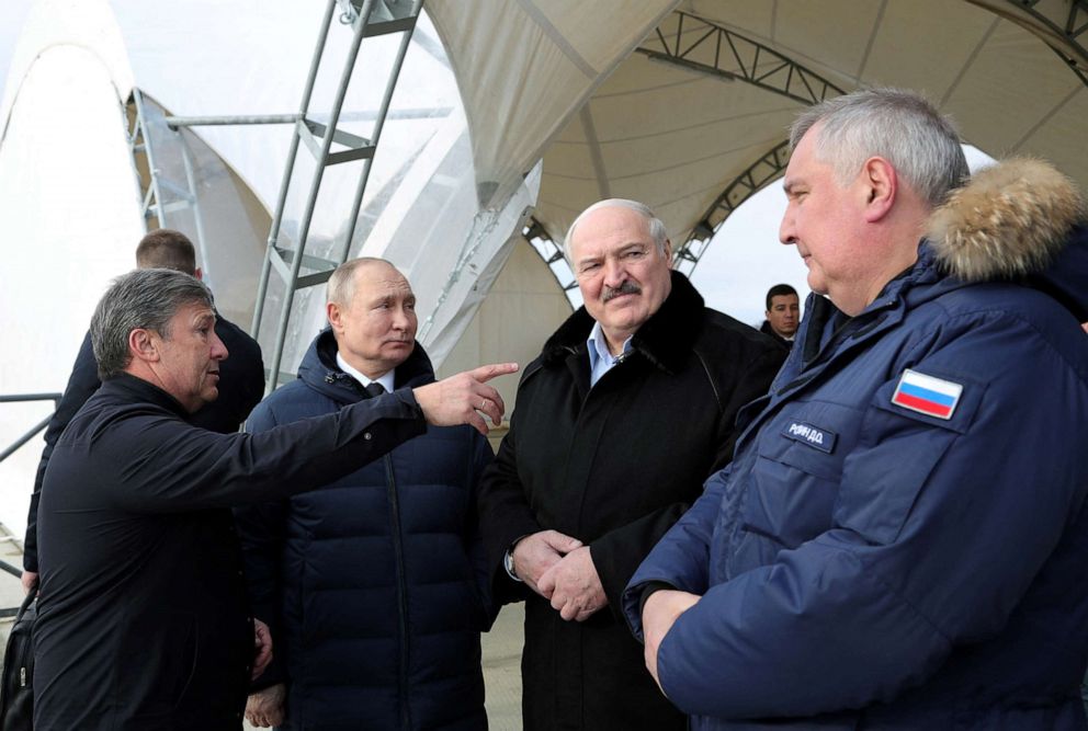 PHOTO: Russian President Vladimir Putin, Belarusian President Alexander Lukashenko and Director General of Roscosmos Dmitry Rogozin visit the Amur launch complex for Angara rockets at the Vostochny Cosmodrome in Amur Region, Russia April 12, 2022. 