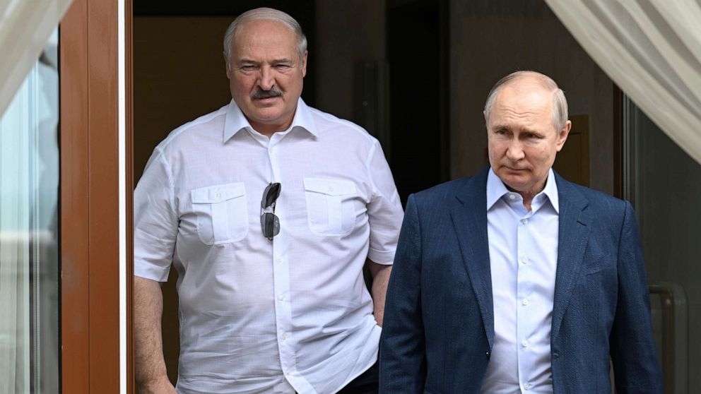 PHOTO: Russian President Vladimir Putin, right, and Belarusian President Alexander Lukashenko walk during their meeting at the Bocharov Ruchei residence in the resort city of Sochi, Russia, Friday, June 9, 2023.