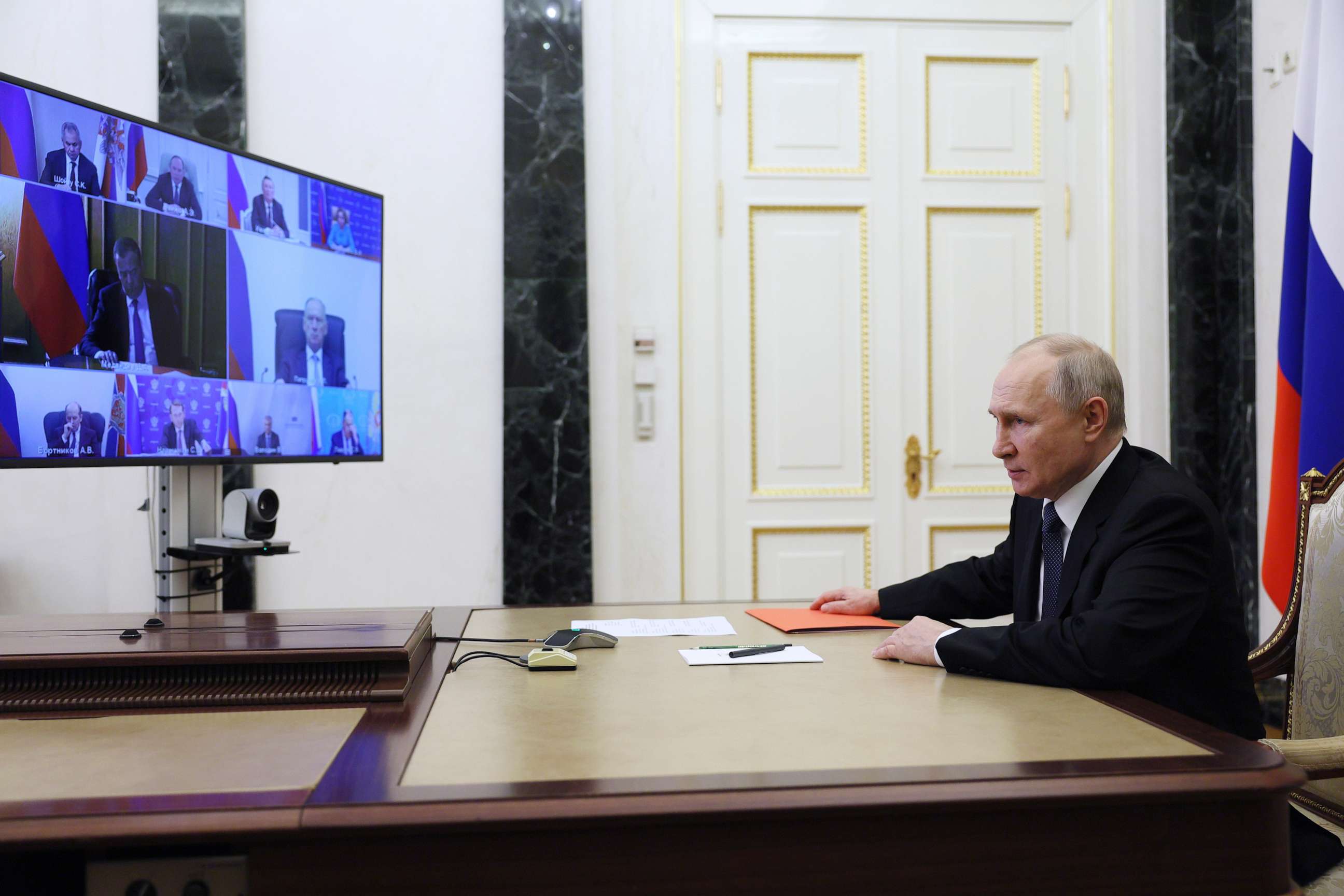 PHOTO: Russian President Vladimir Putin chairs a meeting with members of the Security Council via a video conference in Moscow, Russia, Friday, July 7, 2023.