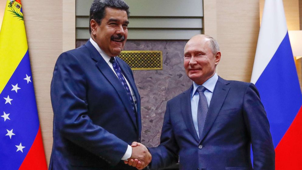 PHOTO: Russian President Vladimir Putin, right, shakes hands with his Venezuelan counterpart Nicolas Maduro during their meeting at the Novo-Ogaryovo residence outside in Moscow, Dec. 5, 2018. 