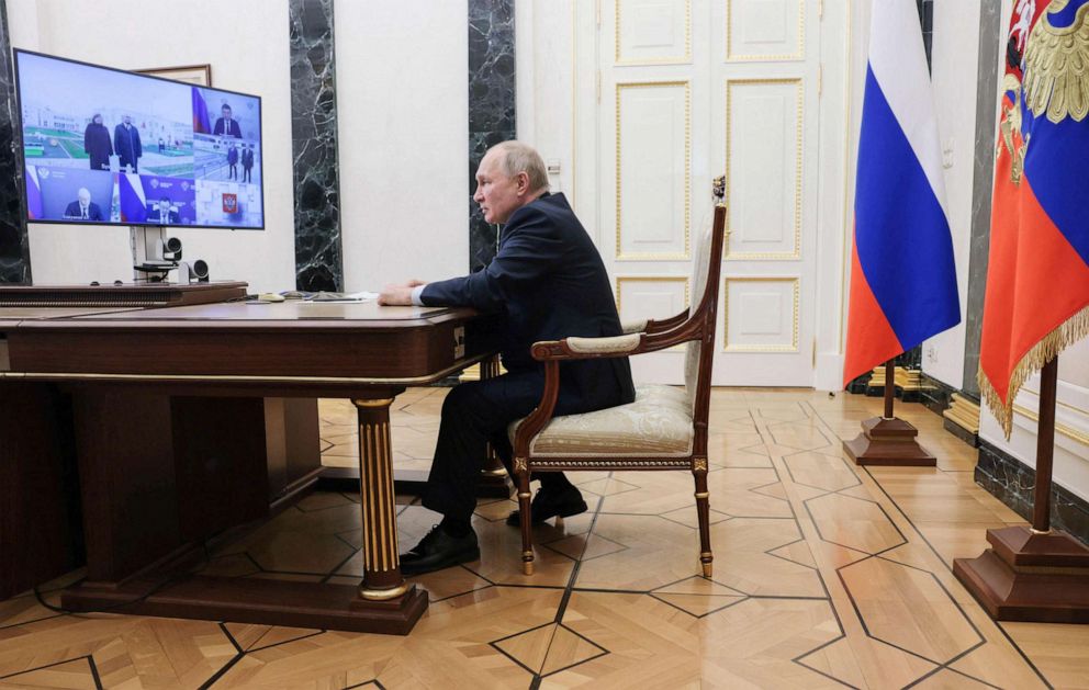 PHOTO: Russian President Vladimir Putin chairs a meeting on the social and economic development of Crimea and Sevastopol via a video link at the Kremlin in Moscow on March 17, 2023.