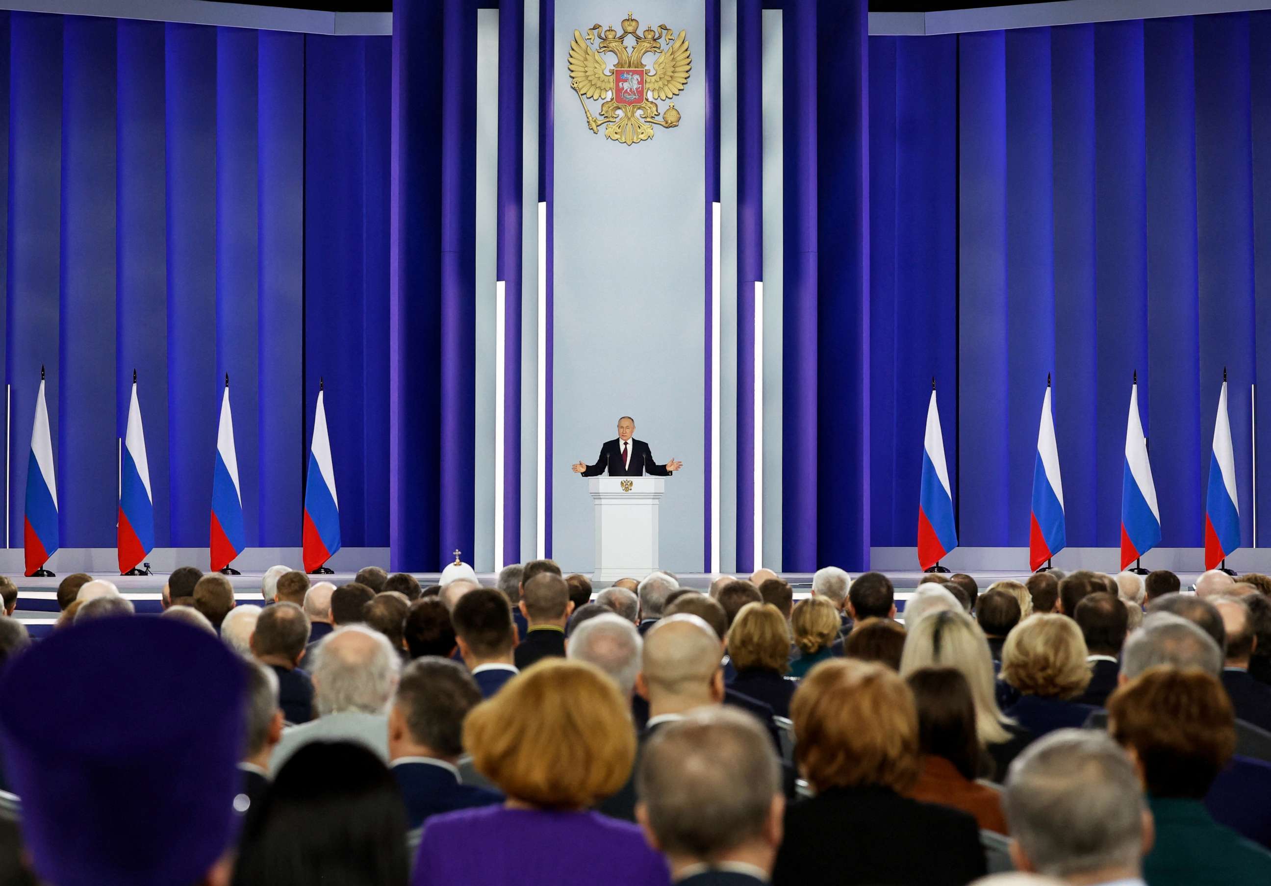 PHOTO: Russian President Vladimir Putin delivers his annual address to the Federal Assembly in Moscow, Russia, Feb. 21, 2023.