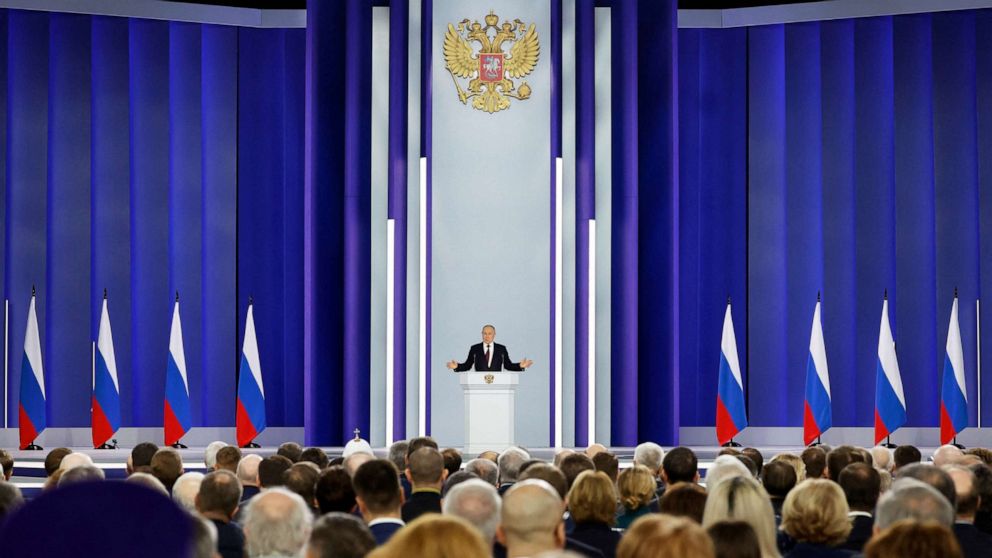 PHOTO: Russian President Vladimir Putin delivers his annual address to the Federal Assembly in Moscow, Russia, Feb. 21, 2023.