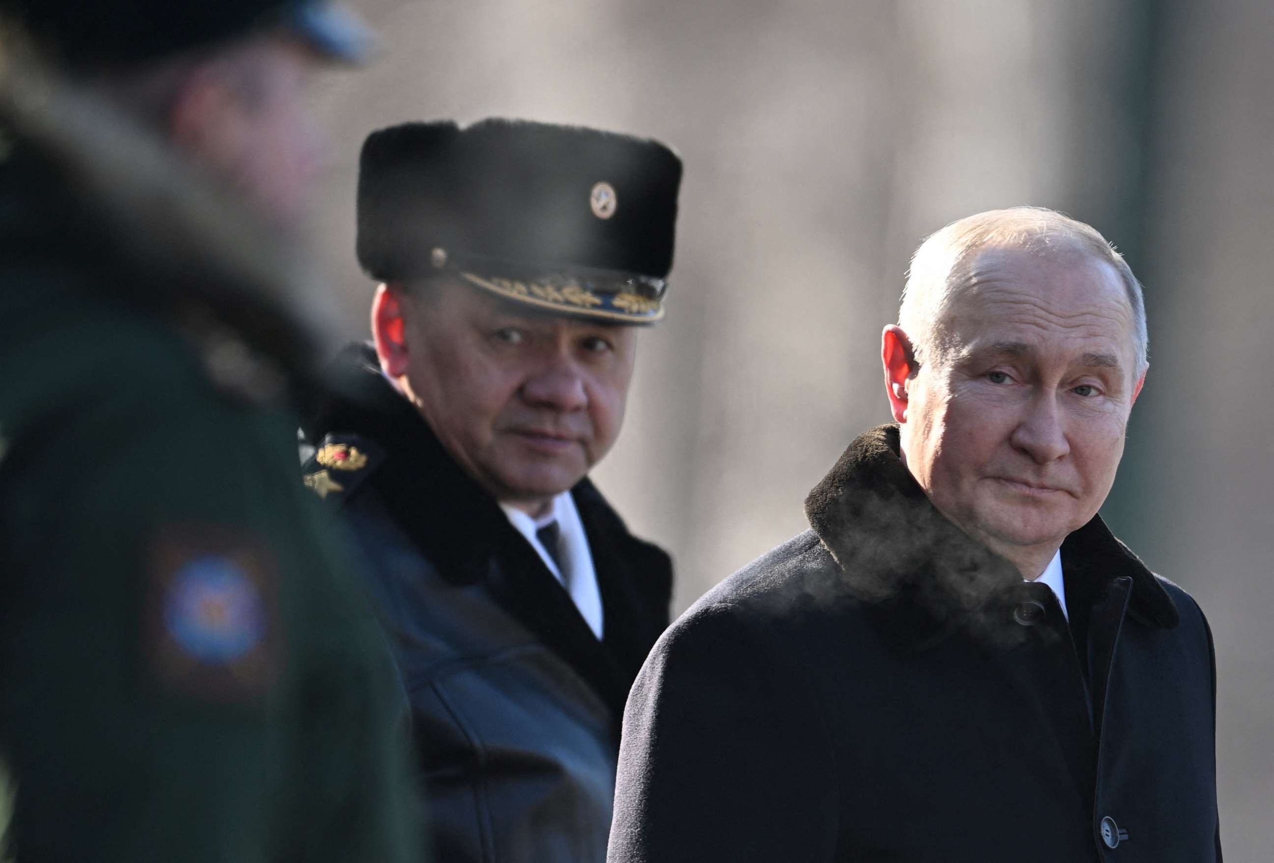 PHOTO: Russian President Vladimir Putin and Defence Minister Sergei Shoigu take part in a wreath laying ceremony at the Tomb of the Unknown Soldier by the Kremlin Wall on the Defender of the Fatherland Day in Moscow, Russia, Feb. 23, 2023.