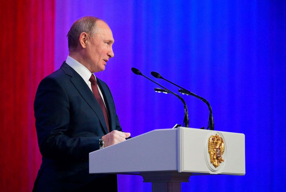 PHOTO: President Vladimir Putin delivers his speech at the meeting with intelligence officers on their professional holiday in Moscow, Russia, Thursday, Dec. 19, 2019. 