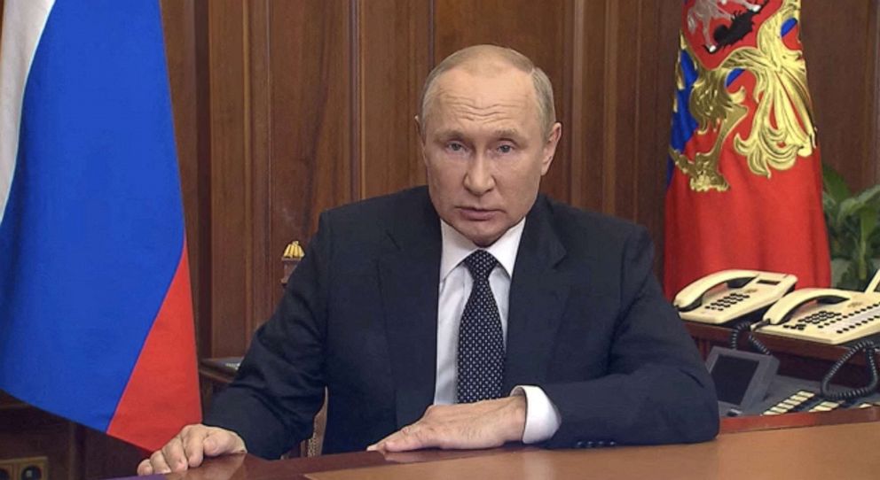 PHOTO: Russian President Vladimir Putin makes an address on the conflict with Ukraine, in Moscow in this still image taken from video released Sept. 21, 2022.