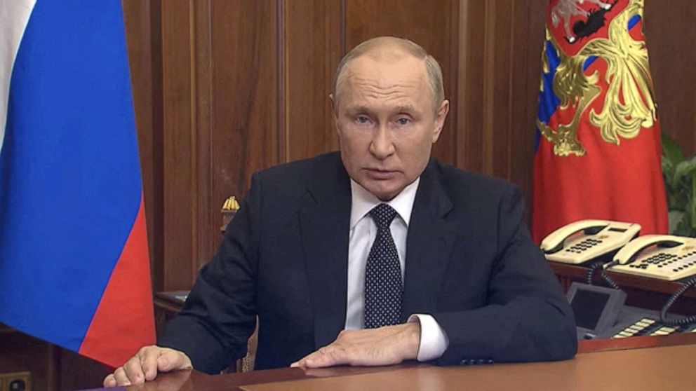 PHOTO: Russian President Vladimir Putin makes an address on the conflict with Ukraine, in Moscow in this still image taken from video released Sept. 21, 2022.