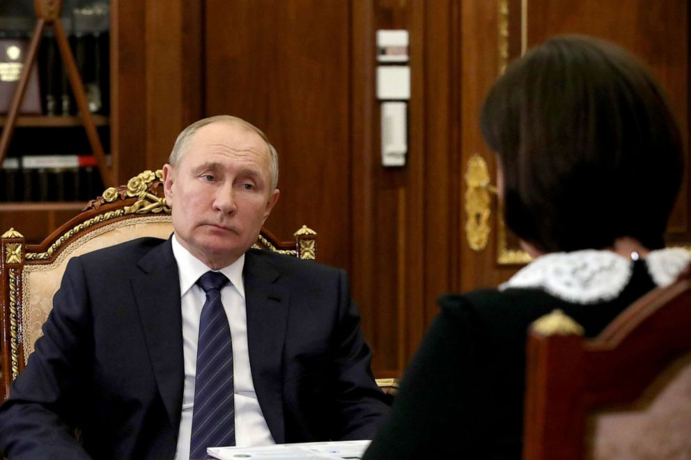 PHOTO: In a photo released by the Russian government, Russian President Vladimir Putin listens to CEO of the Agency for Strategic Initiatives during a meeting in Moscow, Feb. 3, 2021.