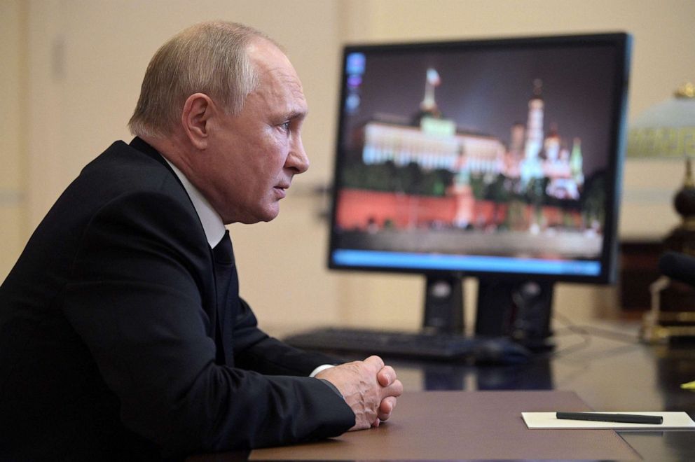 PHOTO: Russian President Vladimir Putin speaks with the Chair of the Central Election Commission of the Russian Federation during a video link meeting at the Novo-Ogaryovo state residence outside Moscow, Sept. 20, 2021.