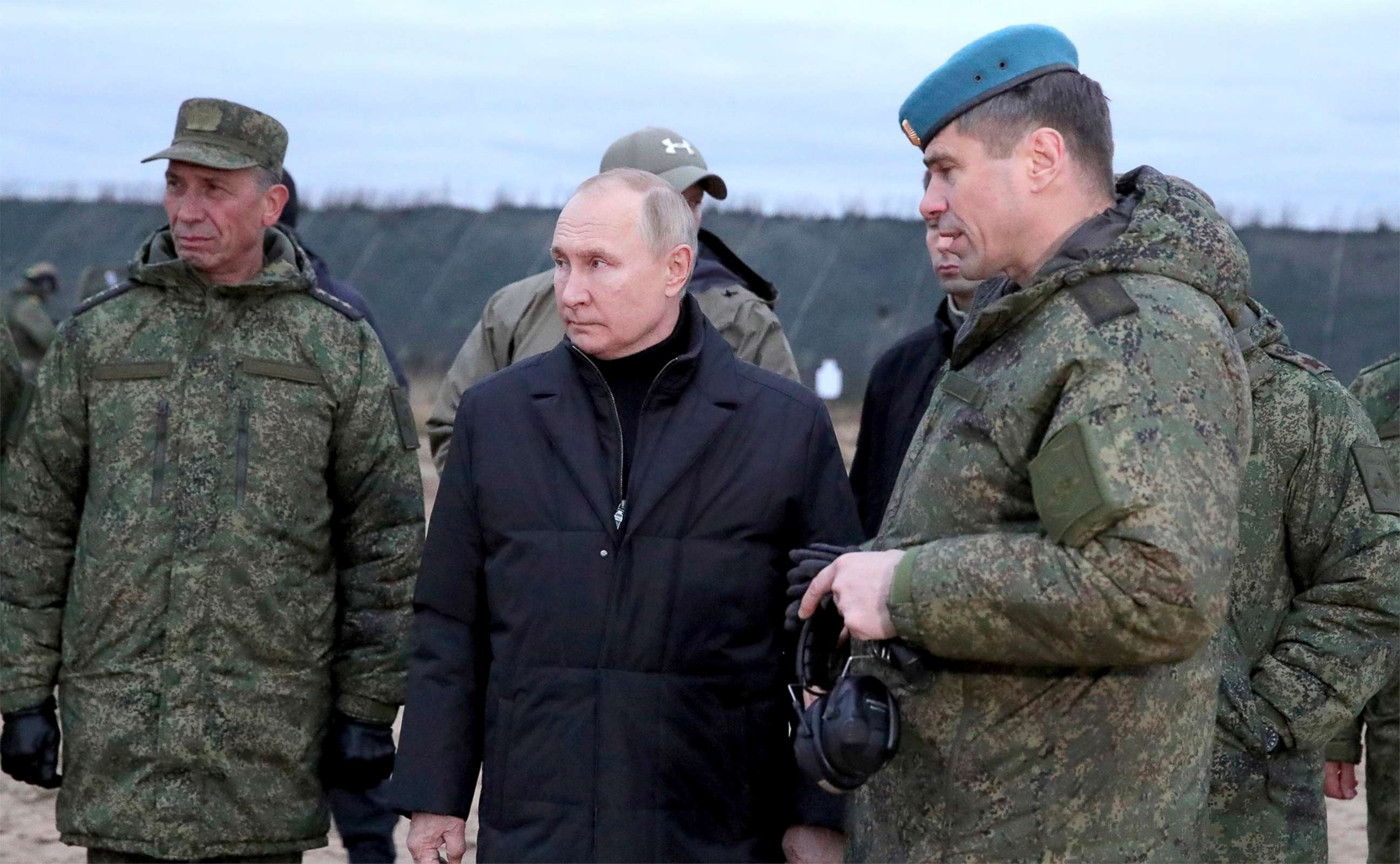 PHOTO: Russian President Vladimir Putin watches military training during a visit to the Western Military District training area for mobilized reservists, Oct. 20, 2022, in Ryazan Region, Russia.