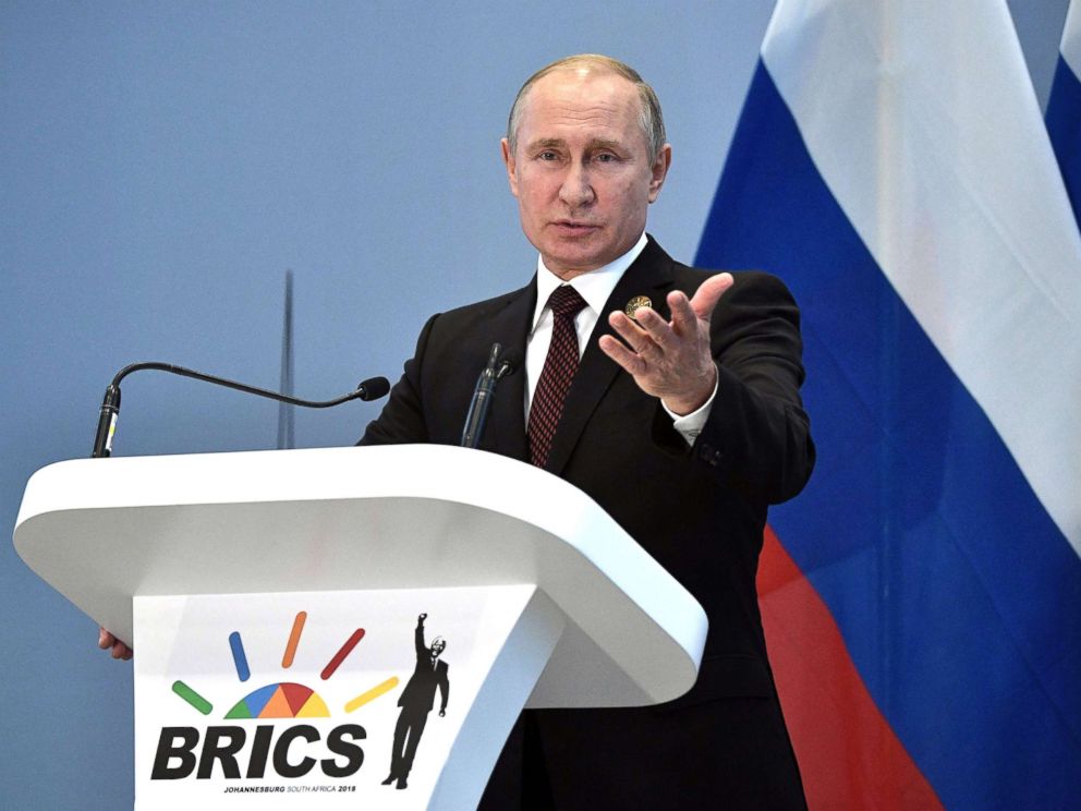 PHOTO: Russian President Vladimir Putin holds a press conference at the 10th BRICS summit (acronym for the grouping of the world's leading emerging economies, namely Brazil, Russia, India, China and South Africa) on July 27, 2018 in Johannesburg.