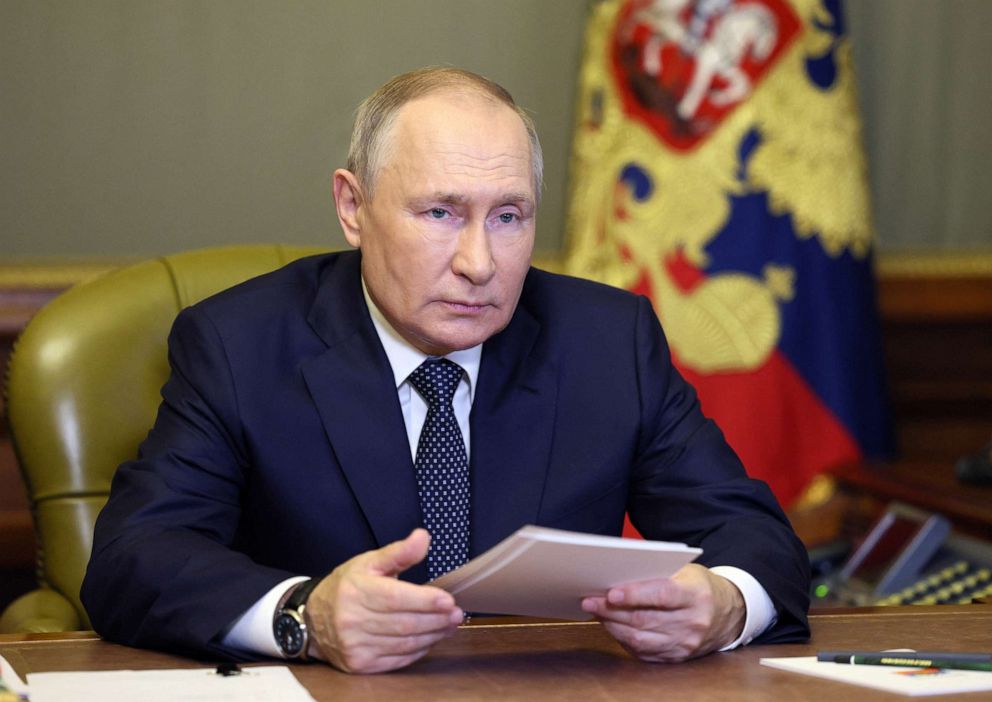 PHOTO: Russia's President Vladimir Putin holds a video conference meeting with elected heads of Russian regions in Saint Petersburg, Russia, on Oct. 10, 2022. 