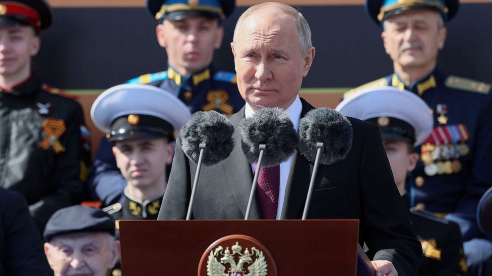 PHOTO: Russian President Vladimir Putin delivers his speech during the Victory Day military parade marking the 78th anniversary of the end of World War II in Red Square in Moscow, Russia, May 9, 2022.
