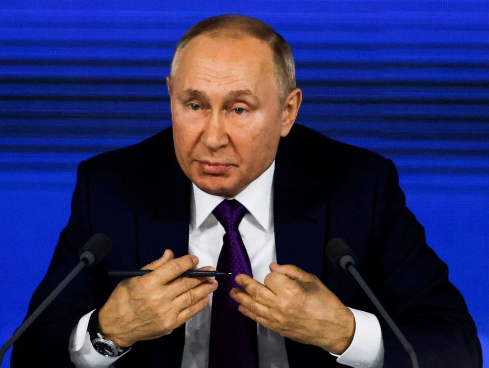 PHOTO: Russian President Vladimir Putin attends his annual end-of-year news conference in Moscow, Dec. 23, 2021.