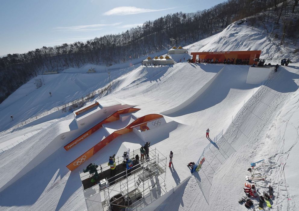 PHOTO: Snowboarders training in the slopestyle track of the Olympic Snowboard Phoenix Snow Park in Pyeongchang, South Korea, Jan. 7, 2018. 