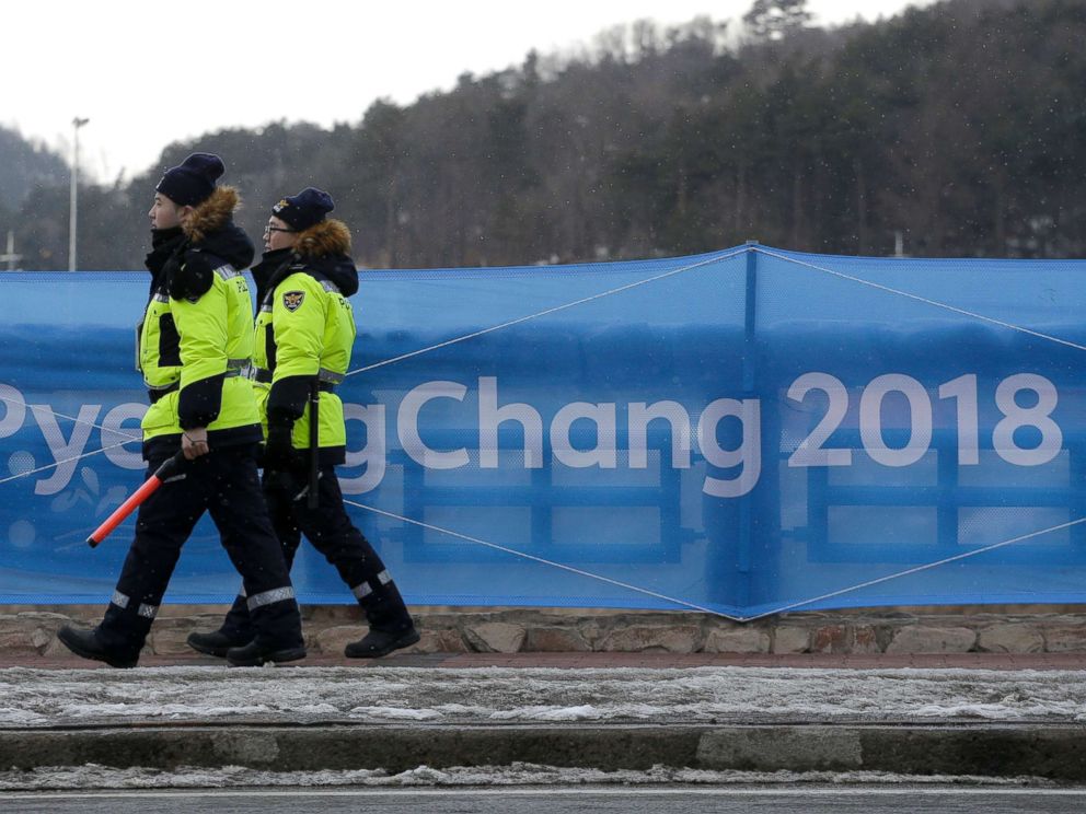 PHOTO: Security workers patrol the Alpensia resort at the 2018 Winter Olympics in Pyeongchang, South Korea, Feb. 2, 2018.