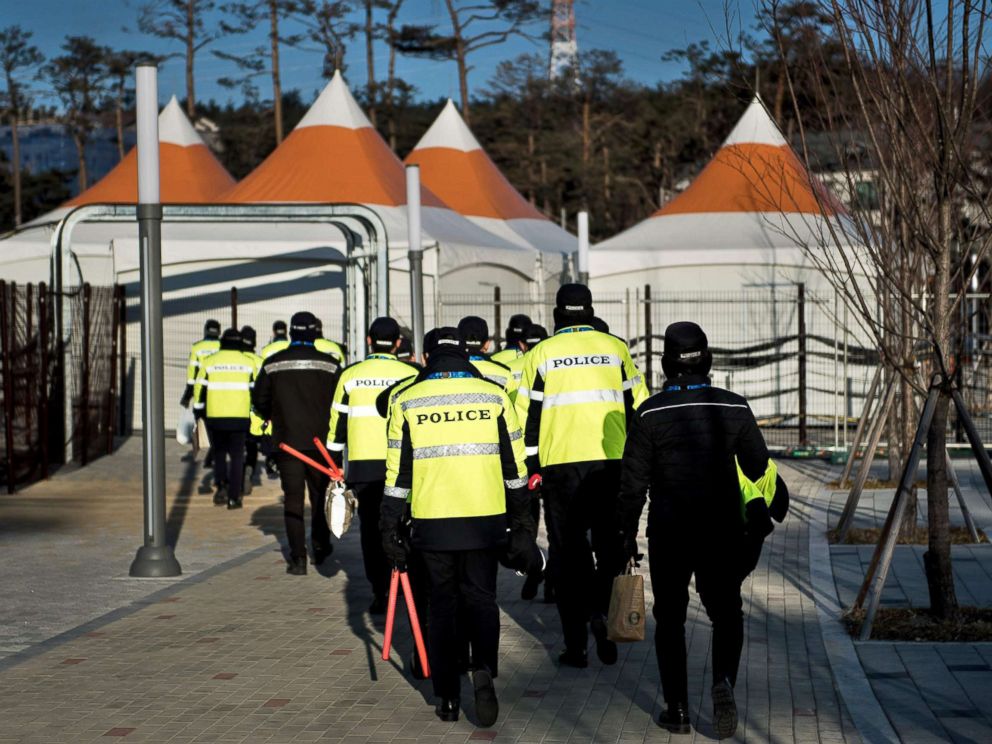 PHOTO: Policemen are seen outside the Kwandong Hockey Centre before the PyeongChang 2018 Winter Olympic Games, Feb. 6, 2018 in Gangneung, South Korea.
