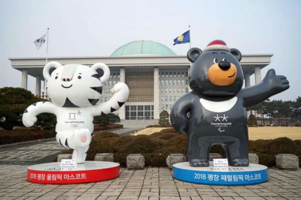 PHOTO: Soohorang and Bandabi, the mascots of the PyeongChang 2018 Olympic and Paralympic Winter Games, in front of the National Assembly Building of South Korea, Dec. 30, 2017, in Seoul, South Korea.