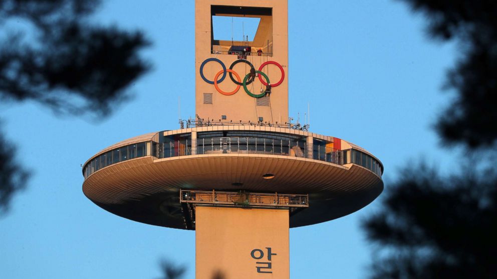 PHOTO: Olympic rings are displayed on the ski jump tower at Pyeongchang Alpensia Olympic park in preparation for the 2018 Pyeongchang winter Olympic Games,  Jan. 27, 2018, in Pyeongchang.
