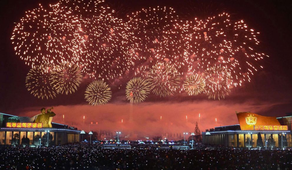 PHOTO: A photo from North Korea's official Korean Central News Agency (KCNA) taken Jan. 1, 2018 shows fireworks ushering in the New Year in Pyongyang, North Korea.